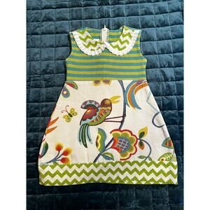 Owls & Bats Girls Dress 3T Bird Floral Print Green Striped Made USA